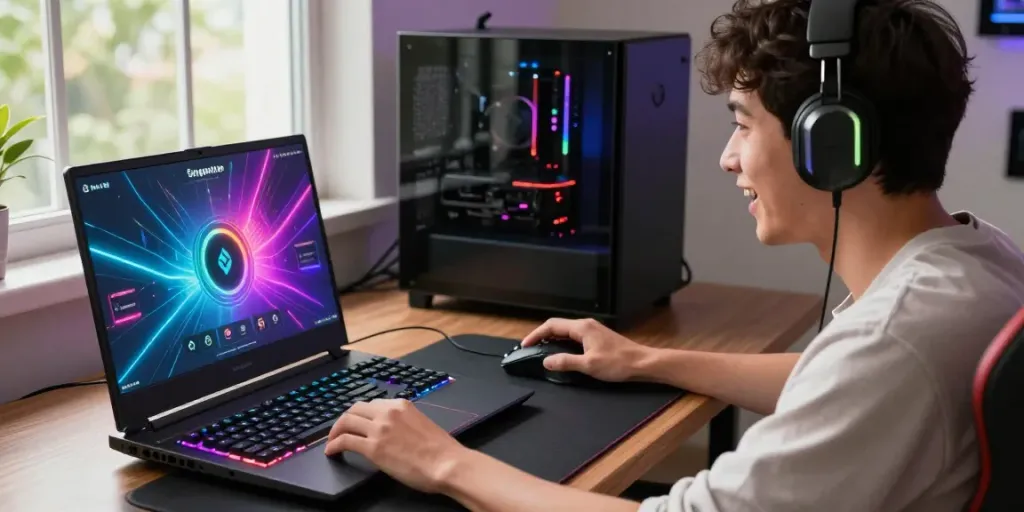 Player engaging with situs singatoto game on a sleek gaming laptop.