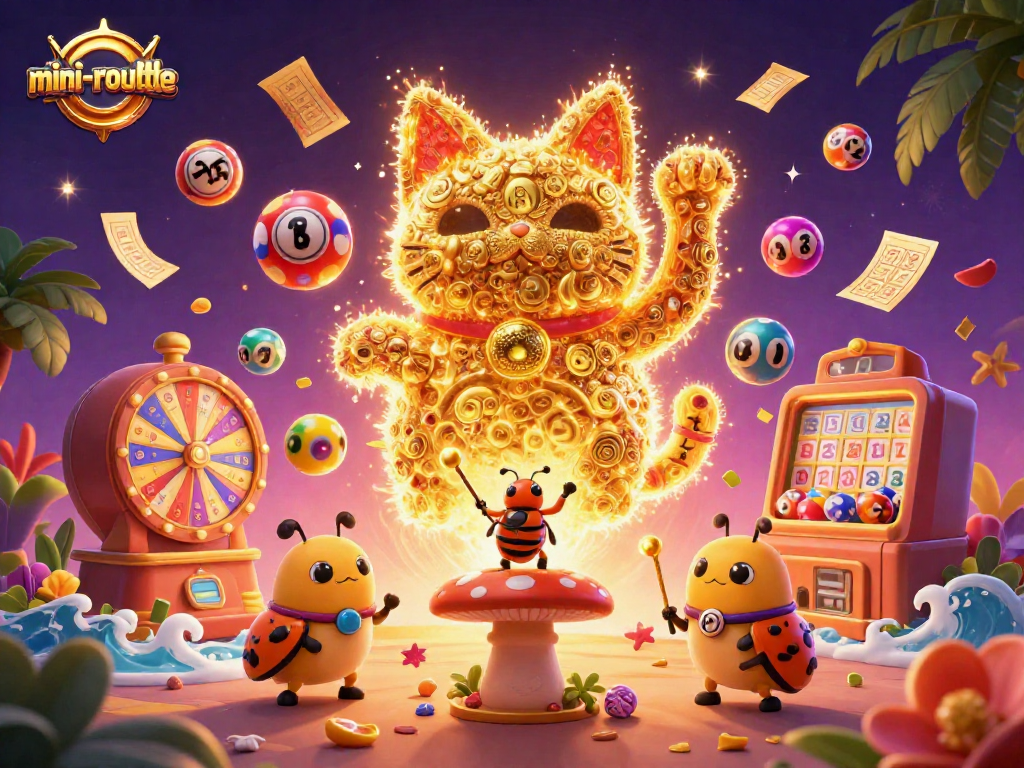 Experience the excitement of mini-roulette with golden lucky cat surrounded by colorful lottery elements.