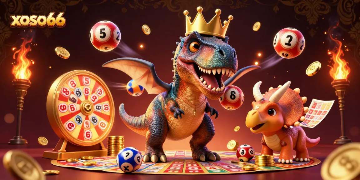 xoso66 offers vibrant lottery engagement with a T-Rex shuffling balls, enhancing gaming excitement.