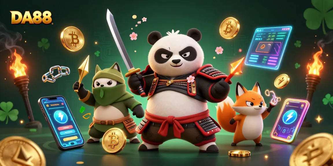 Experience the excitement of DA88 with a dynamic 3D illustration showcasing animated characters and crypto elements.
