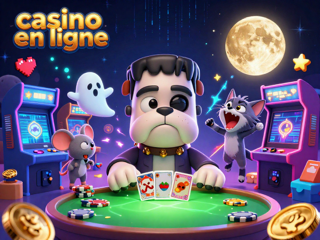 Le casino en ligne offre une ambiance ludique avec un bulldog vampire distribuant des cartes et une ambiance d'arcade vibrante.