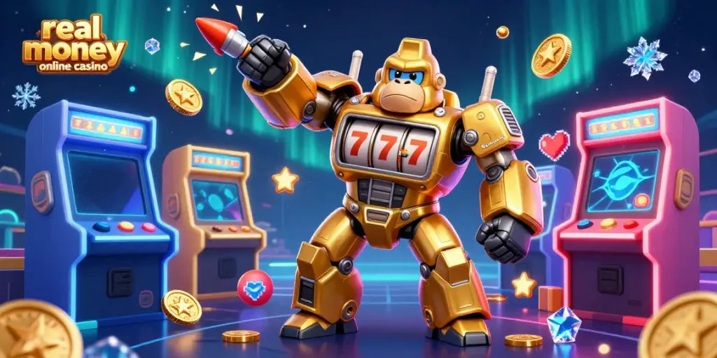 Engage in thrilling action at the real money online casino with an explosive golden gorilla mech and vibrant gaming elements!