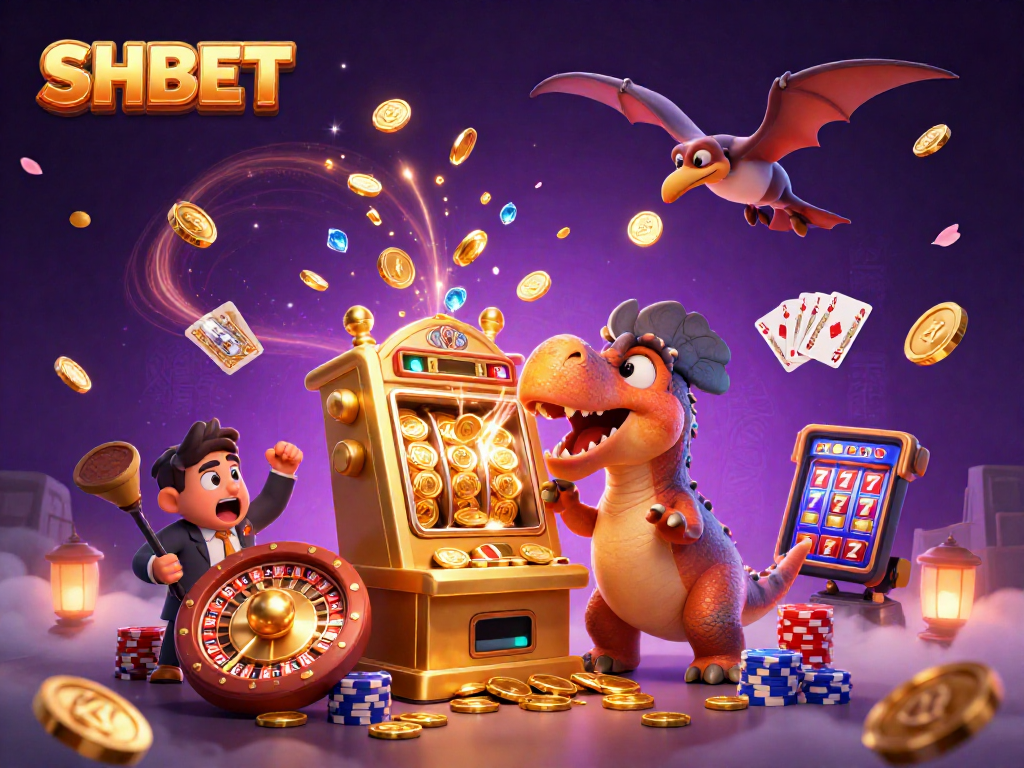 Experience SHBET thrills as a pachycephalosaurus hits a slot machine for coins in a vibrant casino scene.