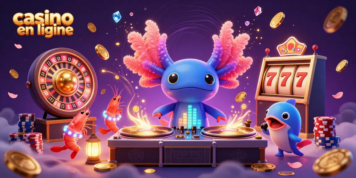 Illustration animée d'un axolotl DJ dans un casino en ligne, entouré de leurs amis et des éléments ludiques.