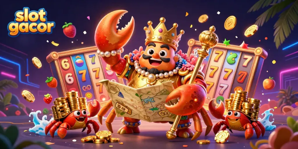 Engage with the vibrant world of slot gacor as the golden crab emperor presides over a jackpot-filled casino scene.
