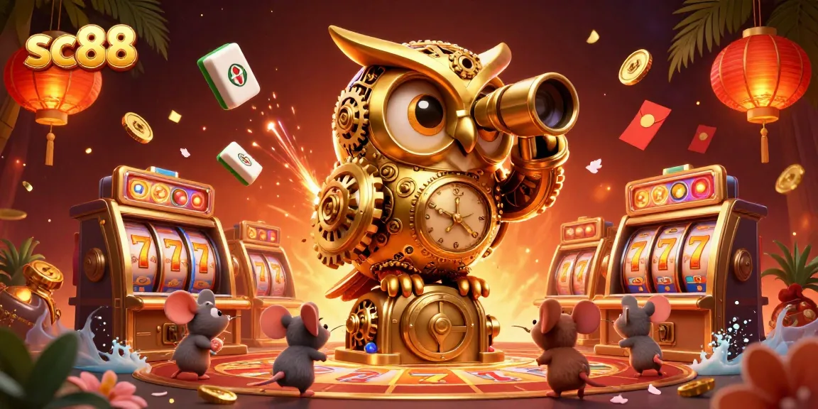 Engage with the lively atmosphere of sc88's casino, featuring a golden owl, spinning slots, and festive decorations.
