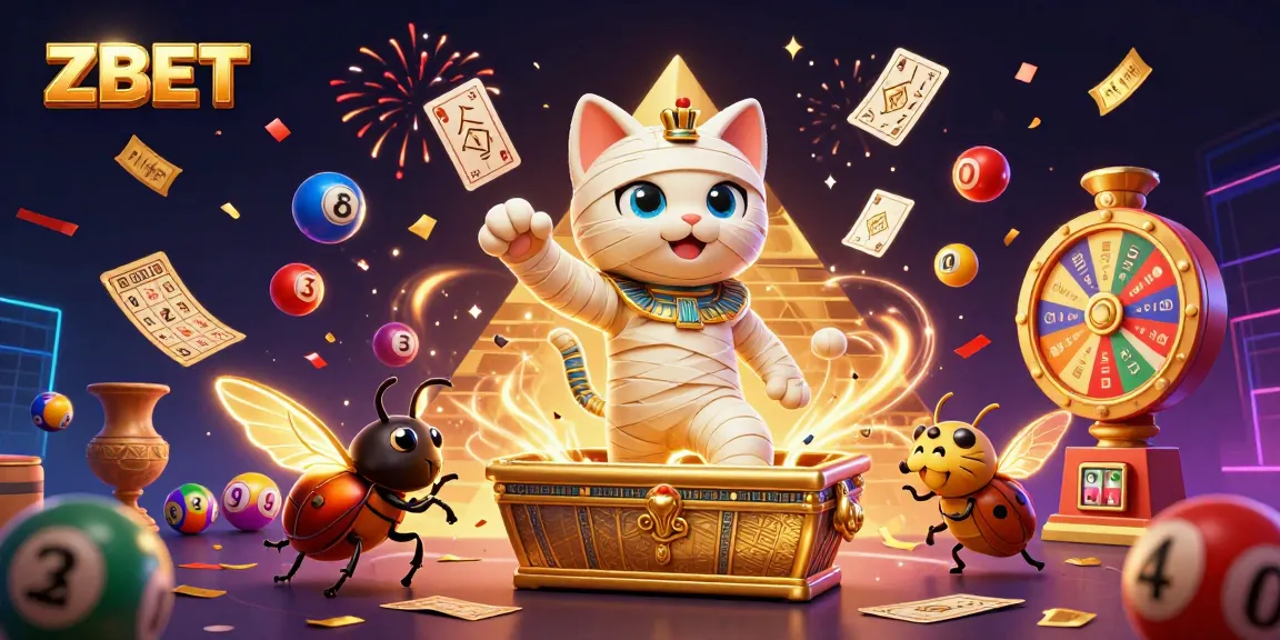 ZBET brings excitement with a vibrant gambling scene of a mummy cat, scarab, and lottery elements.
