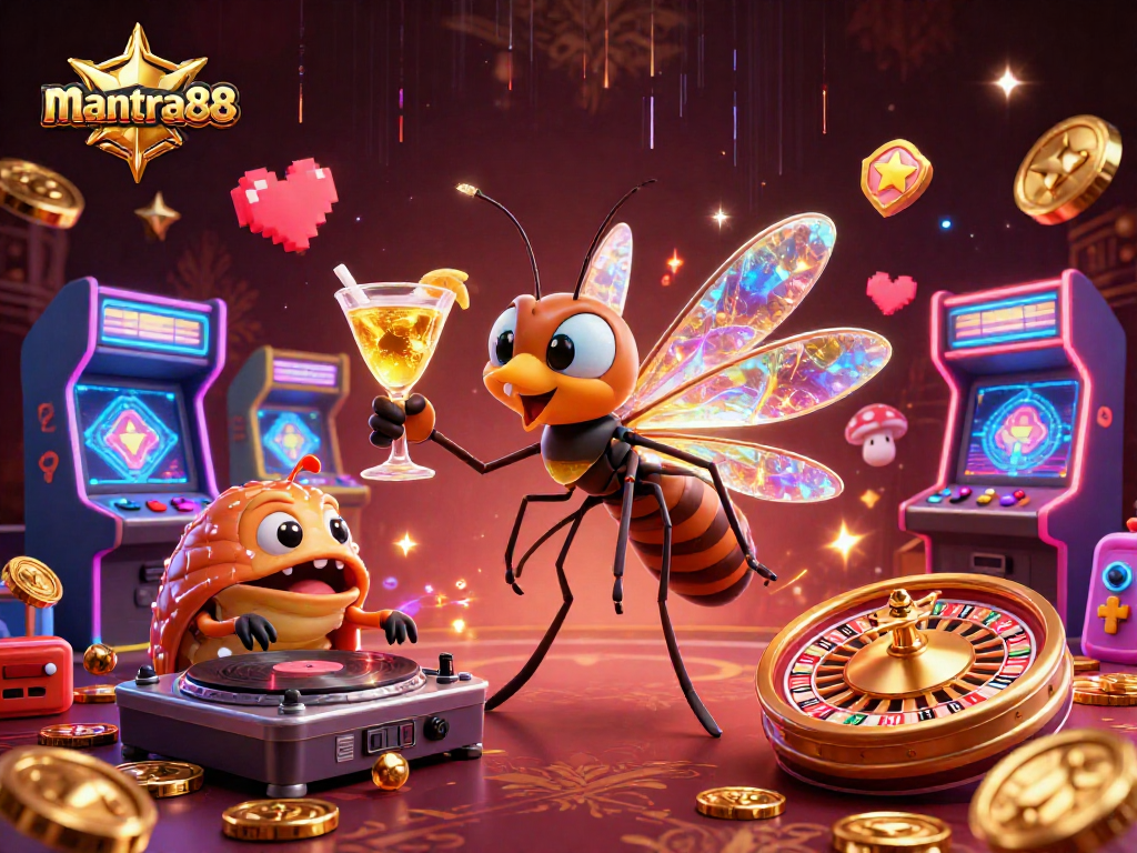 Engage with mantra88 in this vibrant casino-themed illustration showcasing dynamic gaming elements.