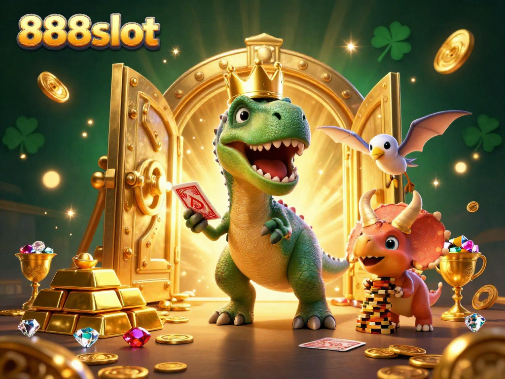 Join the fun at 888slot with T-Rex and friends as they shuffle cards and stack chips!