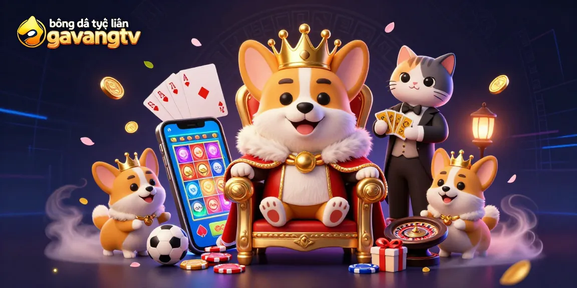 bóng đá trực tuyến gavangtv showcases vibrant 3D casino art capturing a royal corgi on poker chips with dynamic betting elements.