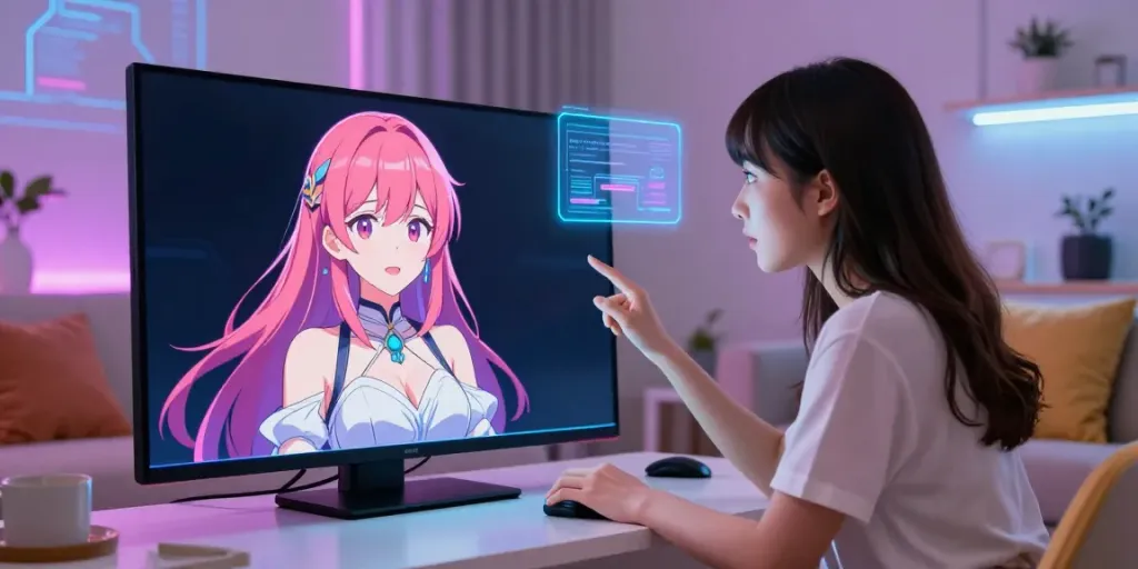 Dynamic scene of a user engaging in hentai ai chat with a lifelike anime character.