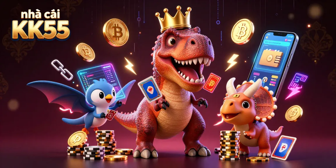 Engage with nhà cái KK55 as cartoon dinosaurs play cards and stack golden chips in a vibrant casino