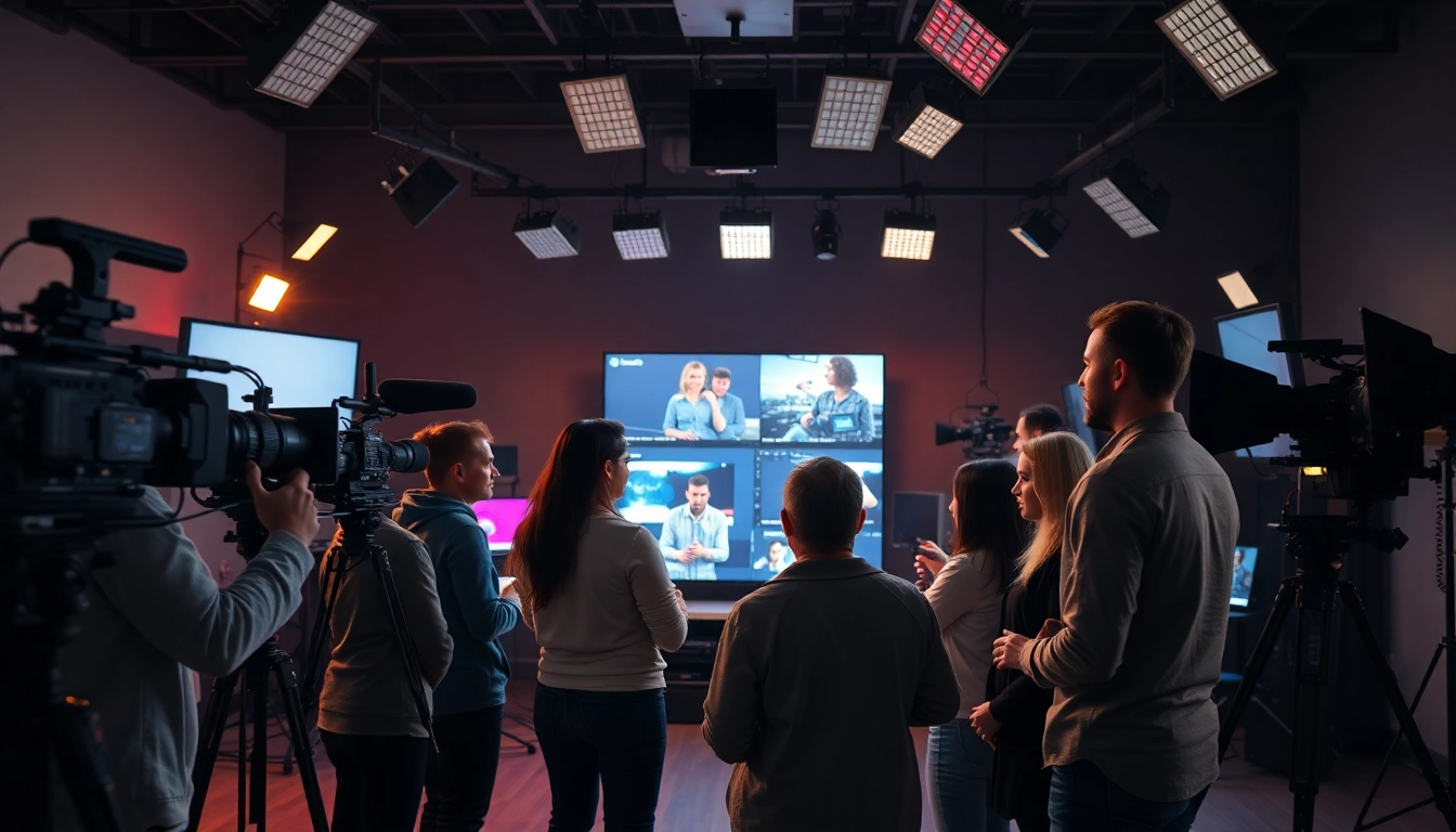 Video production Edmonton team collaborating in a modern studio with high-tech equipment.