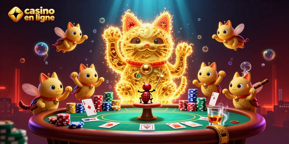 Jouez à des jeux captivants sur un casino en ligne avec ce chat porte-bonheur en feu follet et des éléments de poker.