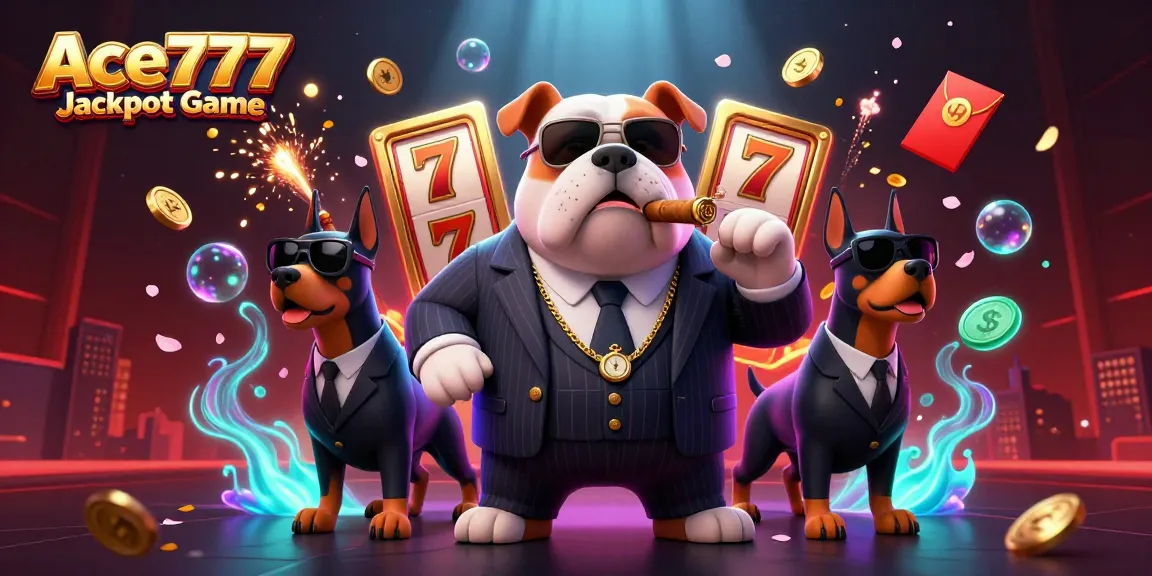Ace777 Jackpot Game showcases a vibrant scene with a mafia bulldog and Doberman bodyguards, surrounded by dynamic casino elements.
