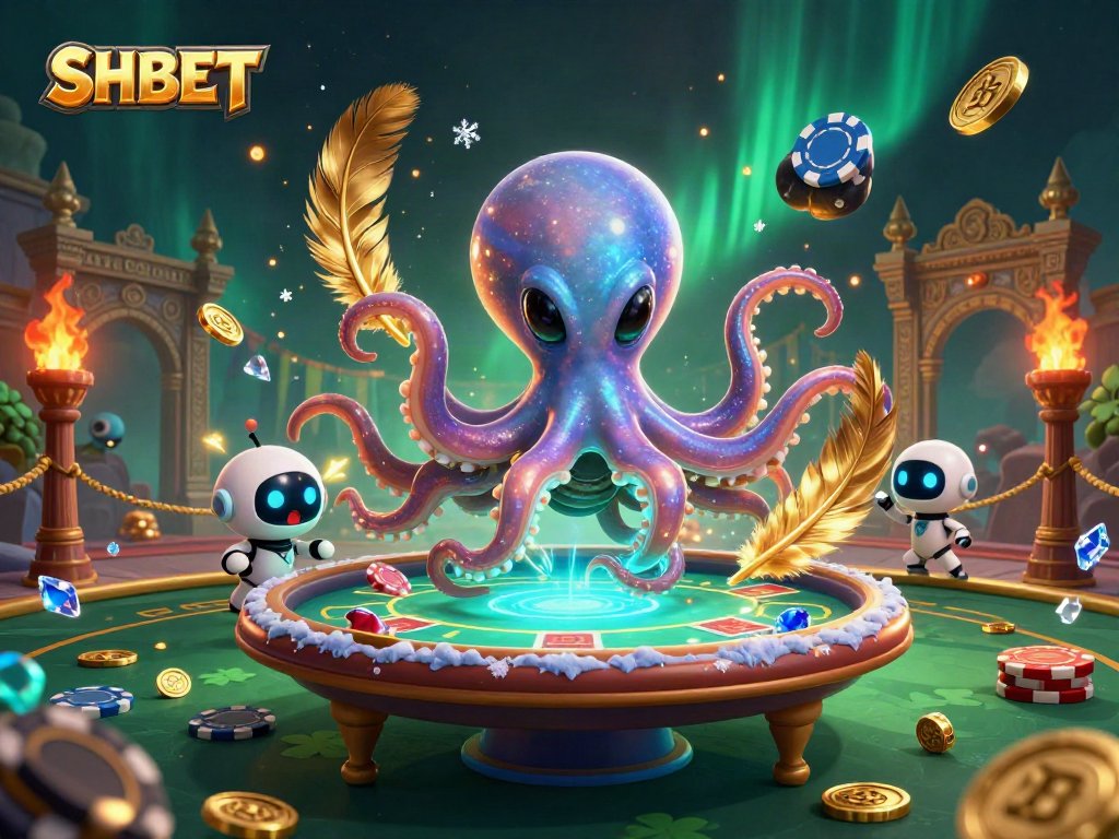 SHBET's exciting poker game scene enhanced by an alien octopus and vibrant casino elements.