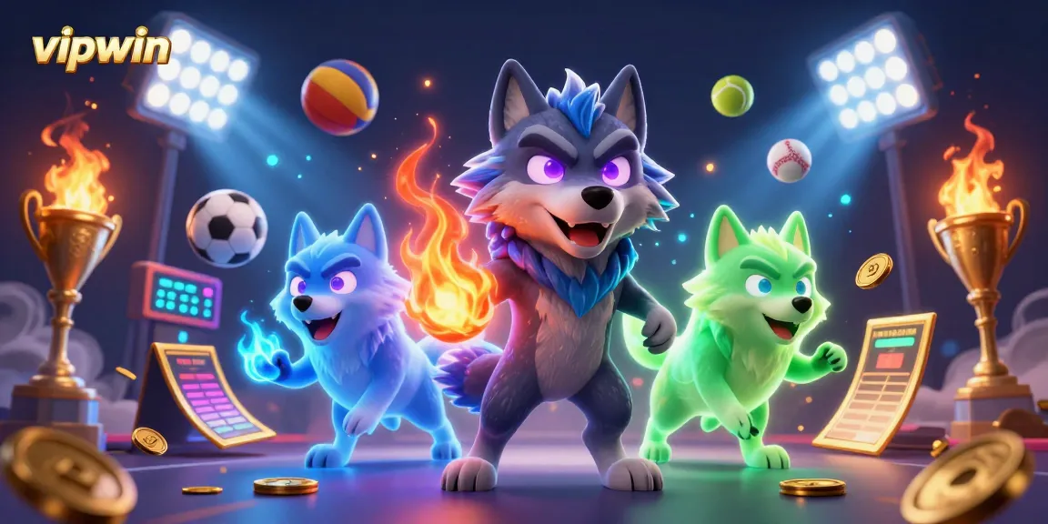 Experience thrilling gameplay at vipwin with dynamic 3D wolves and sports elements in vibrant casino action.