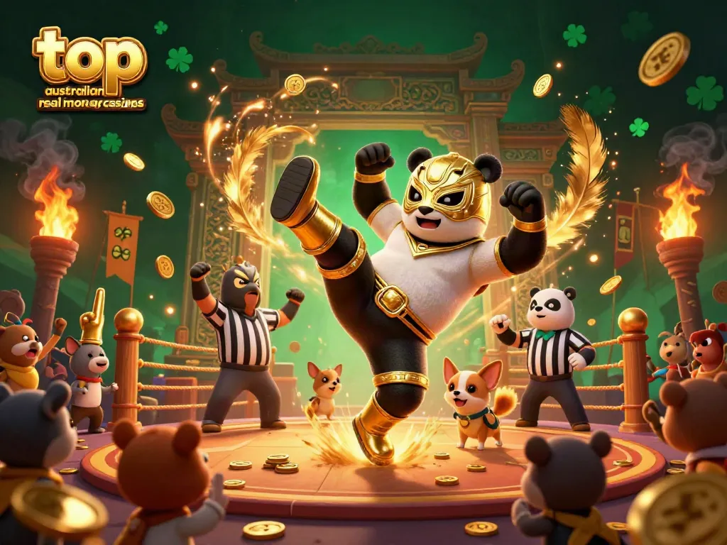 Engaging scene showcasing top australian real money casinos with an energetic wrestling panda, cheering animal crowd, and dynamic casino elements.