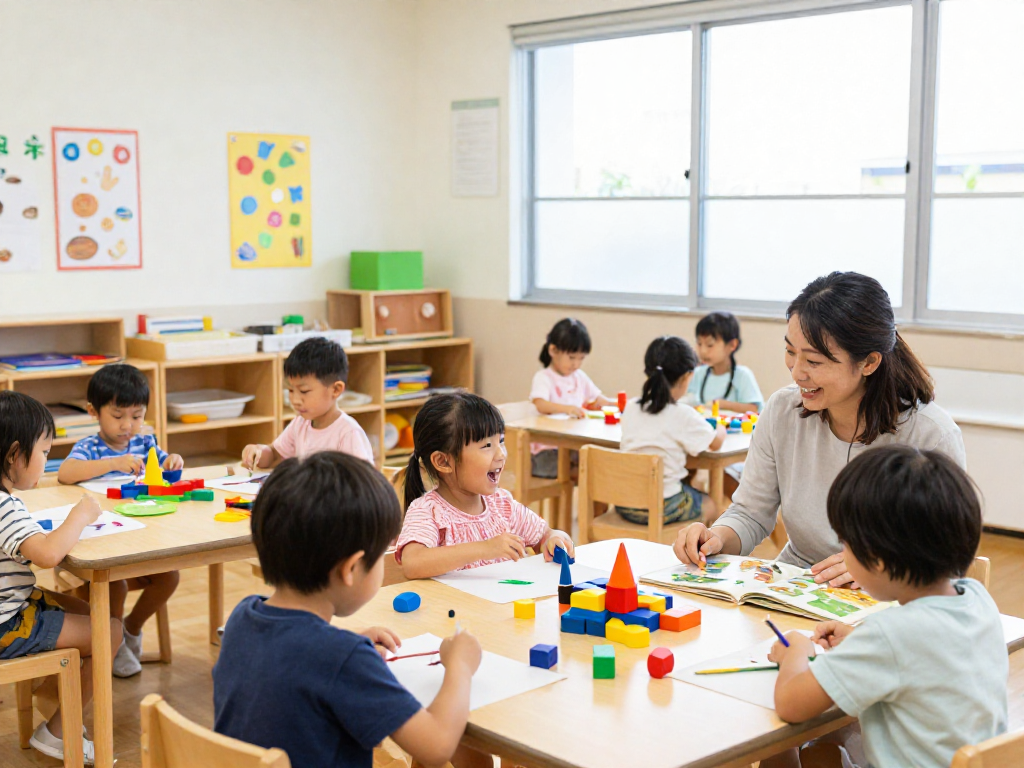 Children exploring creativity in a Japanese kindergarten Singapore environment, engaging in hands-on learning activities with dedicated teachers and colorful resources.