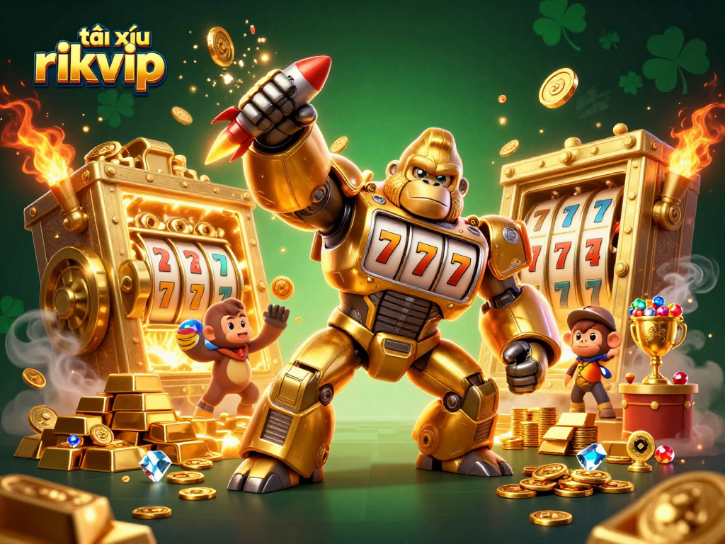 Engage with tài xỉu rikvip through thrilling gameplay, featuring a golden gorilla mech and treasure
