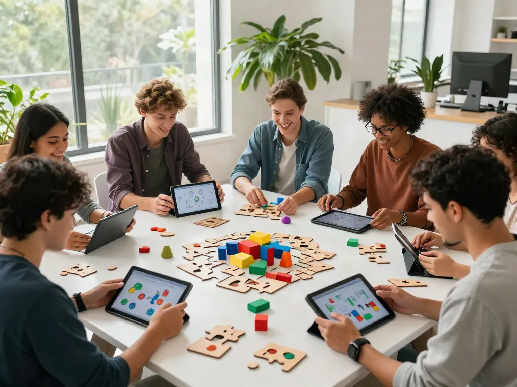 Puzzle enthusiasts collaborating with twistlogic.net games in a bright modern setting.