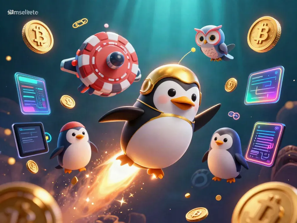 Experience the excitement of sumseltoto with a dynamic 3D scene of a golden penguin racing towards a casino space station.