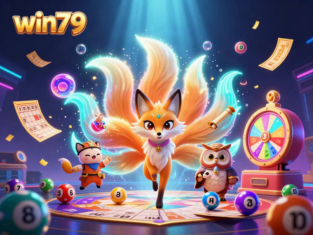 Experience win79's vibrant gaming world with a mystical fox, wise owl, and colorful lottery elements.