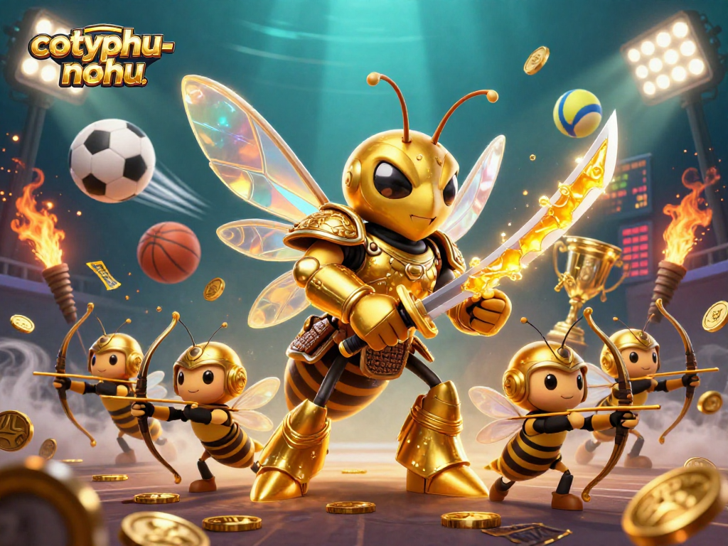 Cotyphu-nohu showcases an engaging scene with a golden hornet samurai, bee archers, and dynamic sports elements.