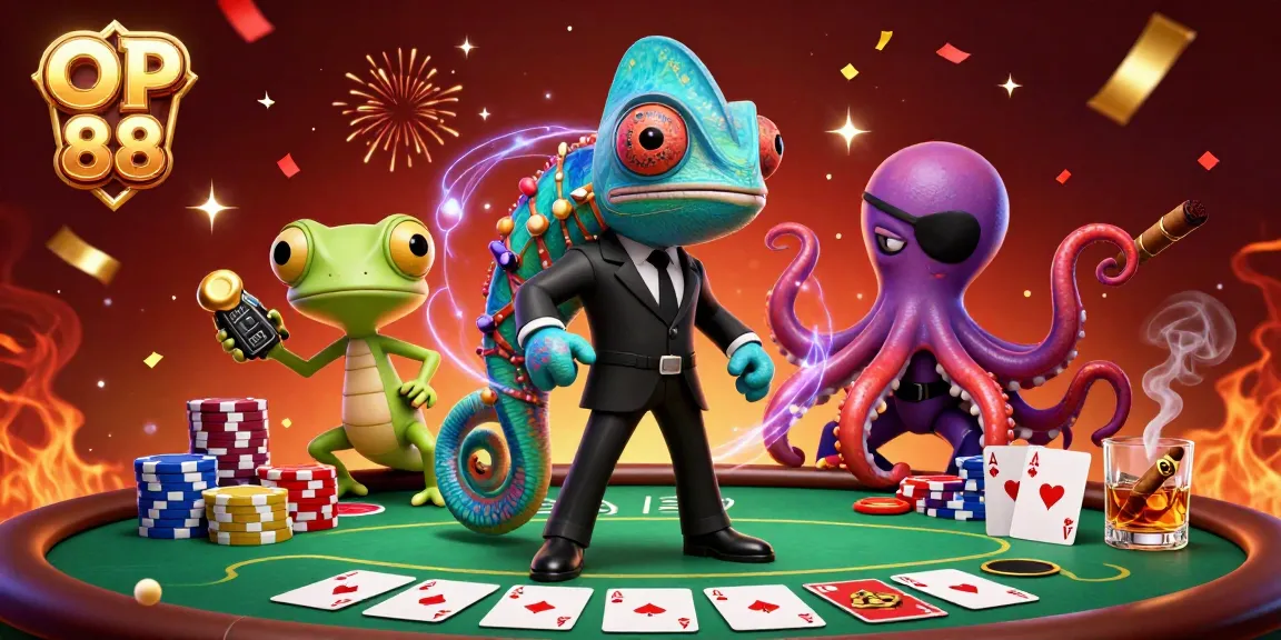 OP 88 features a vibrant 3D scene with a secret agent chameleon and gecko at a poker game.