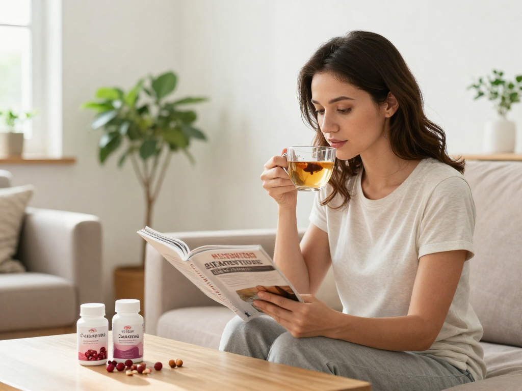 Femme détendue lisant sur les cystites en utilisant boiteaoutilsdermatites avec des compléments.