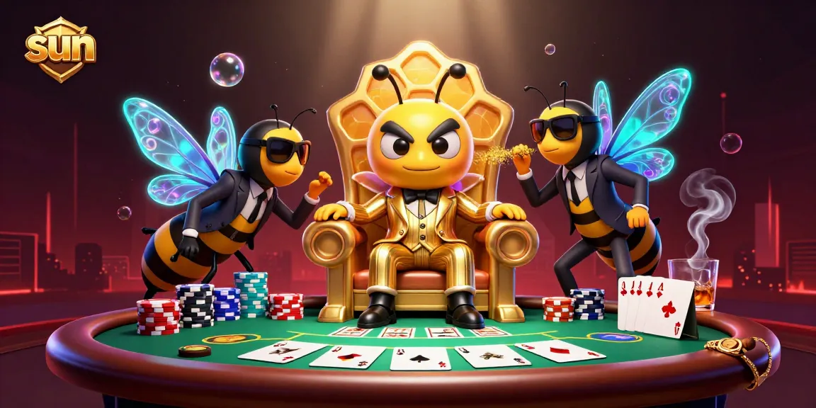 Poker action in a vibrant casino scene featuring sun-themed characters and colorful chips.