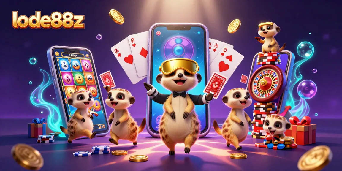 Experience the excitement of lode88z with playful meerkats managing a vibrant casino scene.