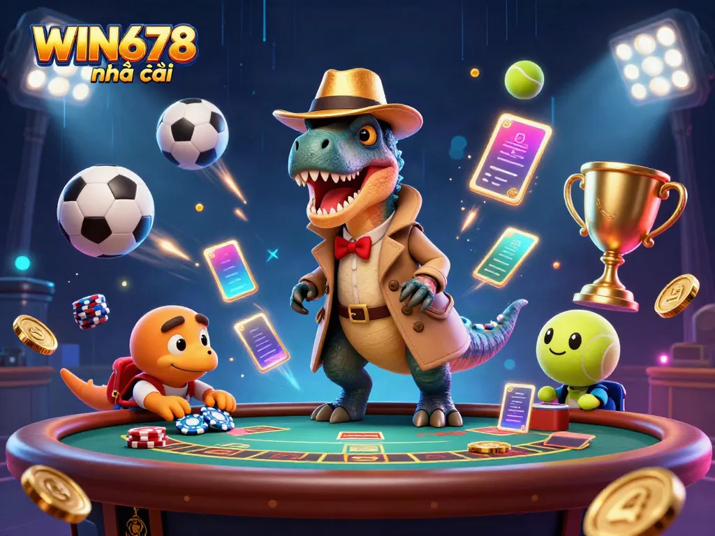Experience the thrill at WIN678 nhà cái with a velociraptor card counter amidst vibrant casino elements.