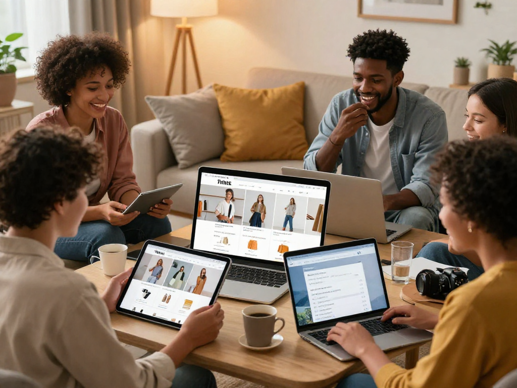 Shop online at https://www.ebbfilter.com/shop with diverse shoppers exploring stylish products and cozy home vibes.