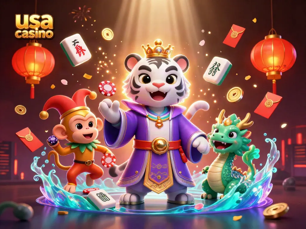 Engage with the vivid usa casino scene featuring a majestic tiger, playful monkey, and lively dragon amidst fireworks.