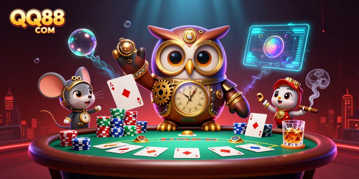 Engage with QQ88 COM's vibrant casino scene featuring a steampunk owl and poker action.