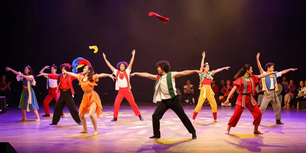Vibrant dance performance by Kinetic Synergy Dance Company with diverse dancers and colorful costumes.