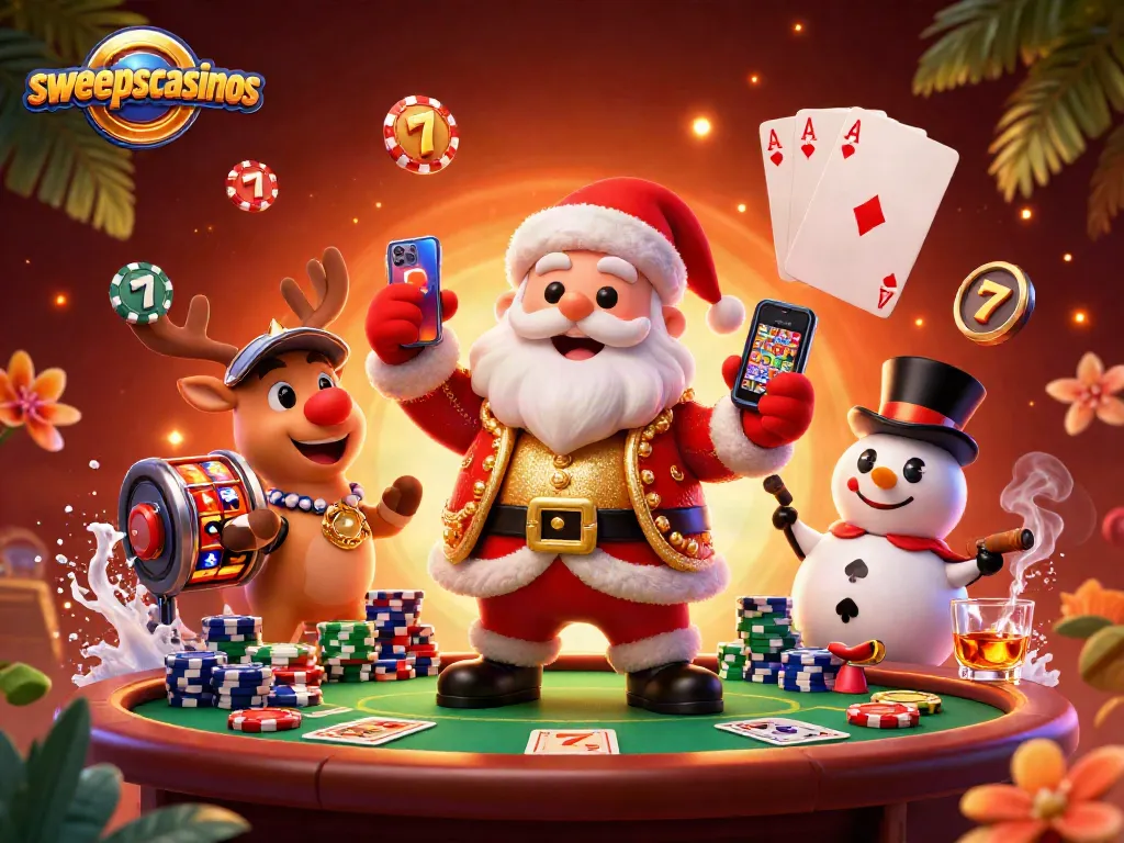 Spin to win with sweepscasinos in a vibrant casino scene featuring Santa and festive companions.