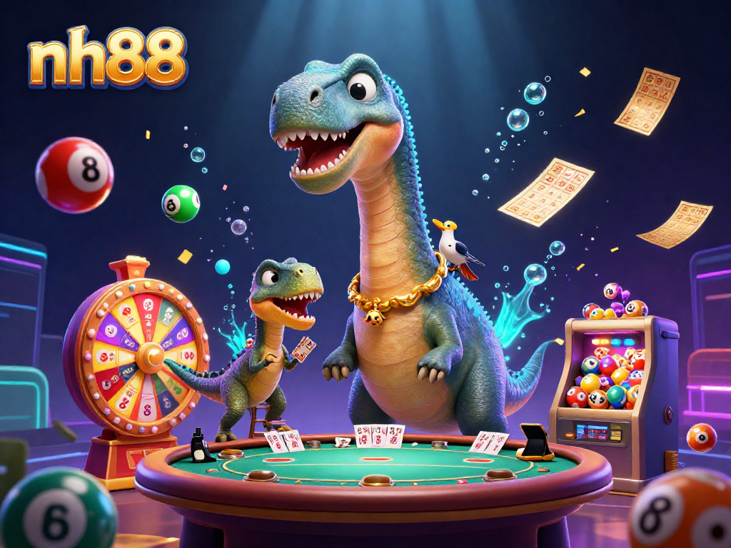Experience thrilling excitement with nh88 showcasing a giant brontosaurus and clever raptor at a dynamic casino scene.
