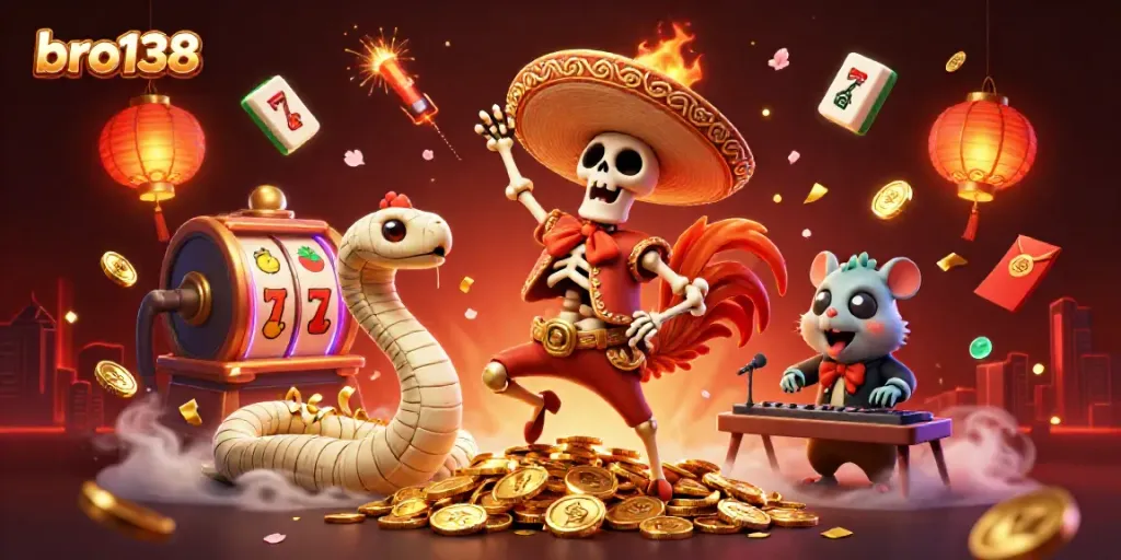 Experience thrilling winning moments with bro138 featuring vibrant casino characters and exciting game elements.