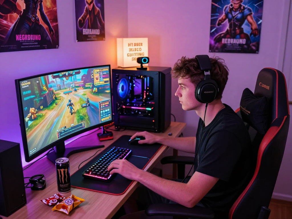 Immersive gaming setup featuring a young adult playing a porn game with colorful LED lights and snacks.