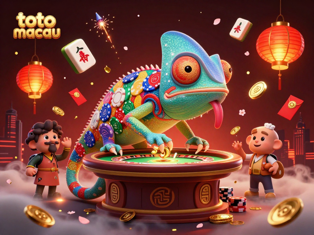 Engage with the exciting world of toto macau in this vibrant casino scene capturing a chameleon owner and festive elements.