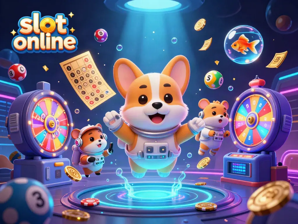 Experience lively slot online gameplay with an astronaut corgi in a colorful casino scene.