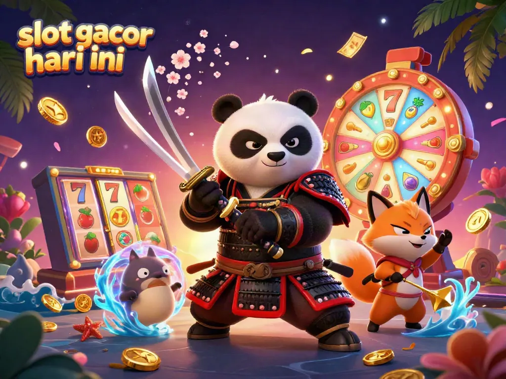 Gambar menarik slot gacor hari ini dengan panda samurai dan rubah ninja dikelilingi simbol slot dan hadiah.