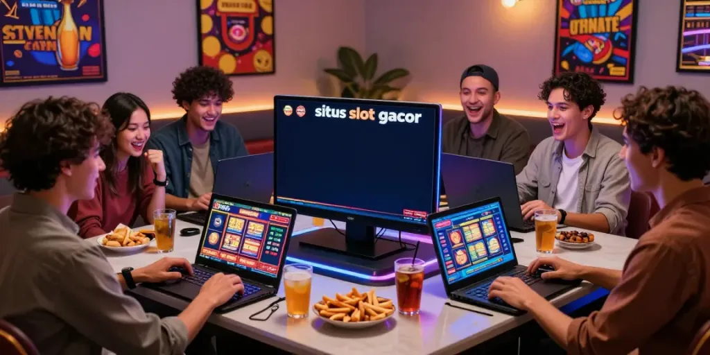 Friends enjoying games on situs slot gacor in a lively online casino atmosphere.