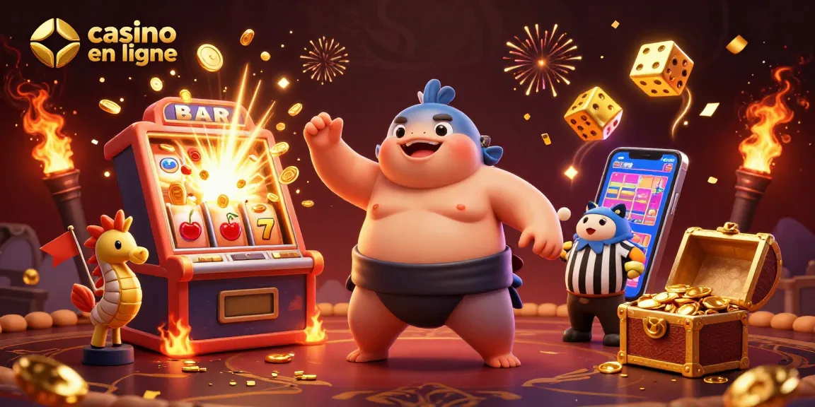 Casino en ligne : illustration ludique d'un fugu sumo gagnant au jeu, entouré de chanceux éléments de jackpot