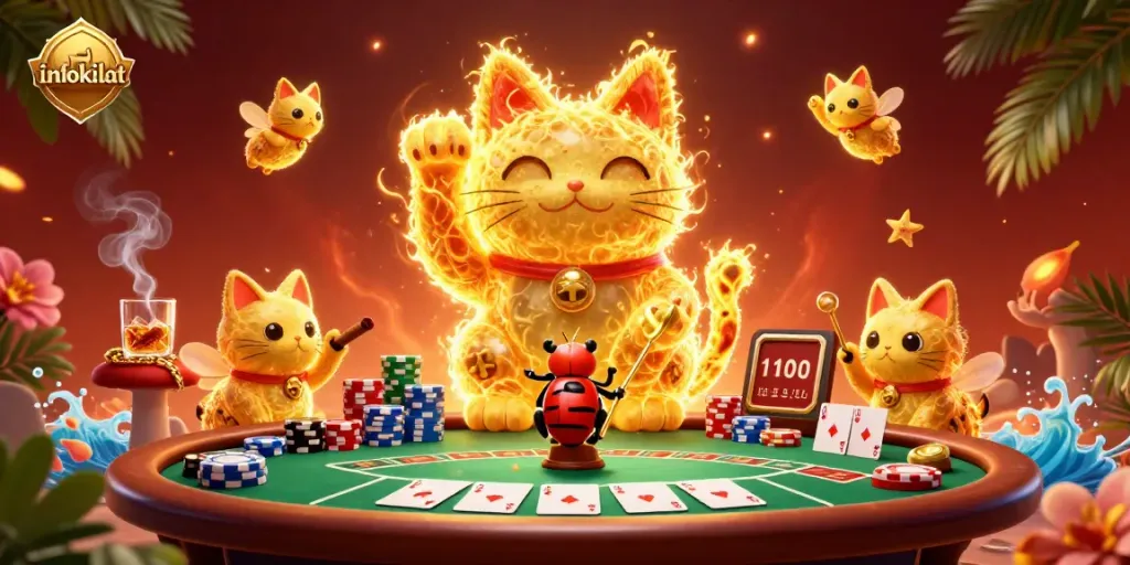 Invigorate your gameplay with infokilat's vibrant golden lucky cat surrounded by poker elements in a casino setting.