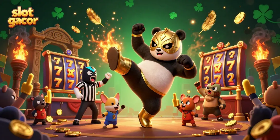 Putaran slot gacor menampilkan panda pegulat terbang dengan para penonton hewan kecil yang gembira.