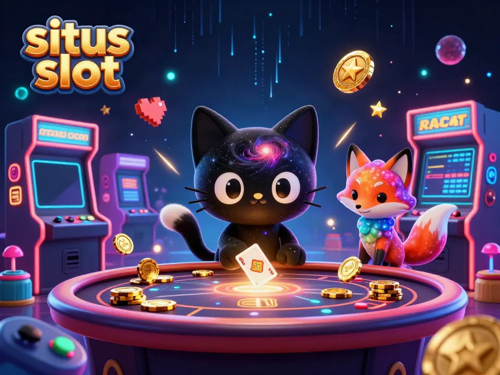Menggulung chip emas dan kartu di meja kasino kosmik menggunakan daya tarik gravitasi, situs slot yang menarik.