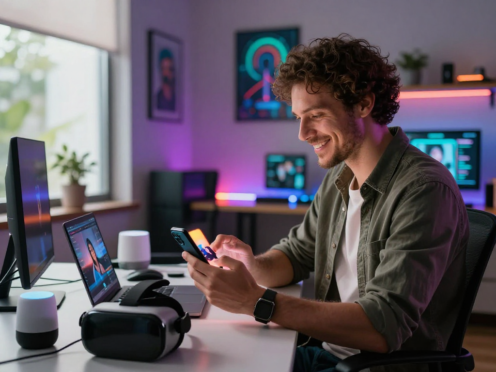 Engaging scene of a man interacting with an AI girlfriend app, showcasing modern tech gadgets in a vibrant home office.